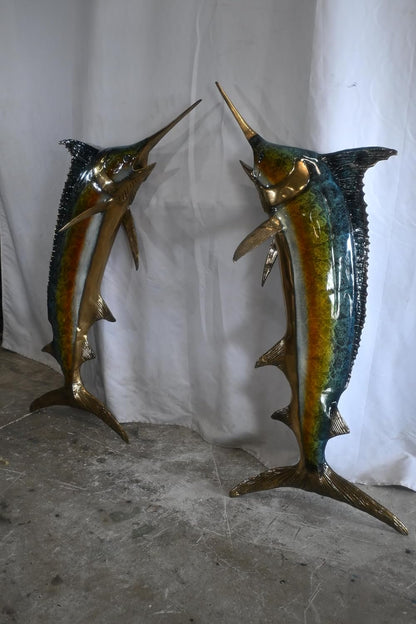 Pair of Bronze Marlin Wall Sculptures Coastal Fish Decor 56"x24"x13"H