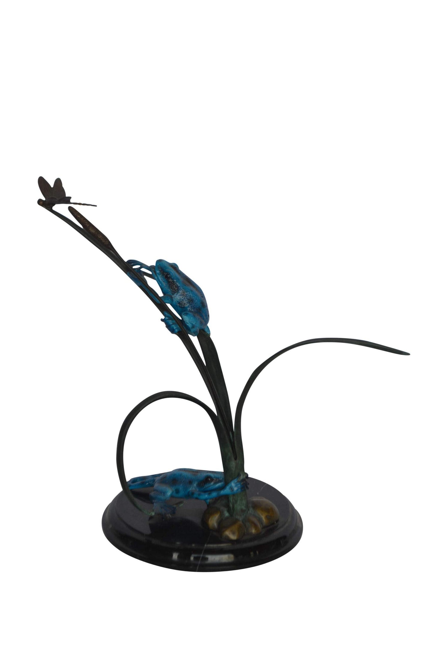 Two Blue Frogs catching a dragonfly Bronze Statue - Size: 14"L x 8"W x 12"H.