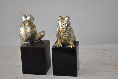 Pair of Happy Frogs Sitting on a Cube Resin Statue Size: 6" x 4" x 9"H