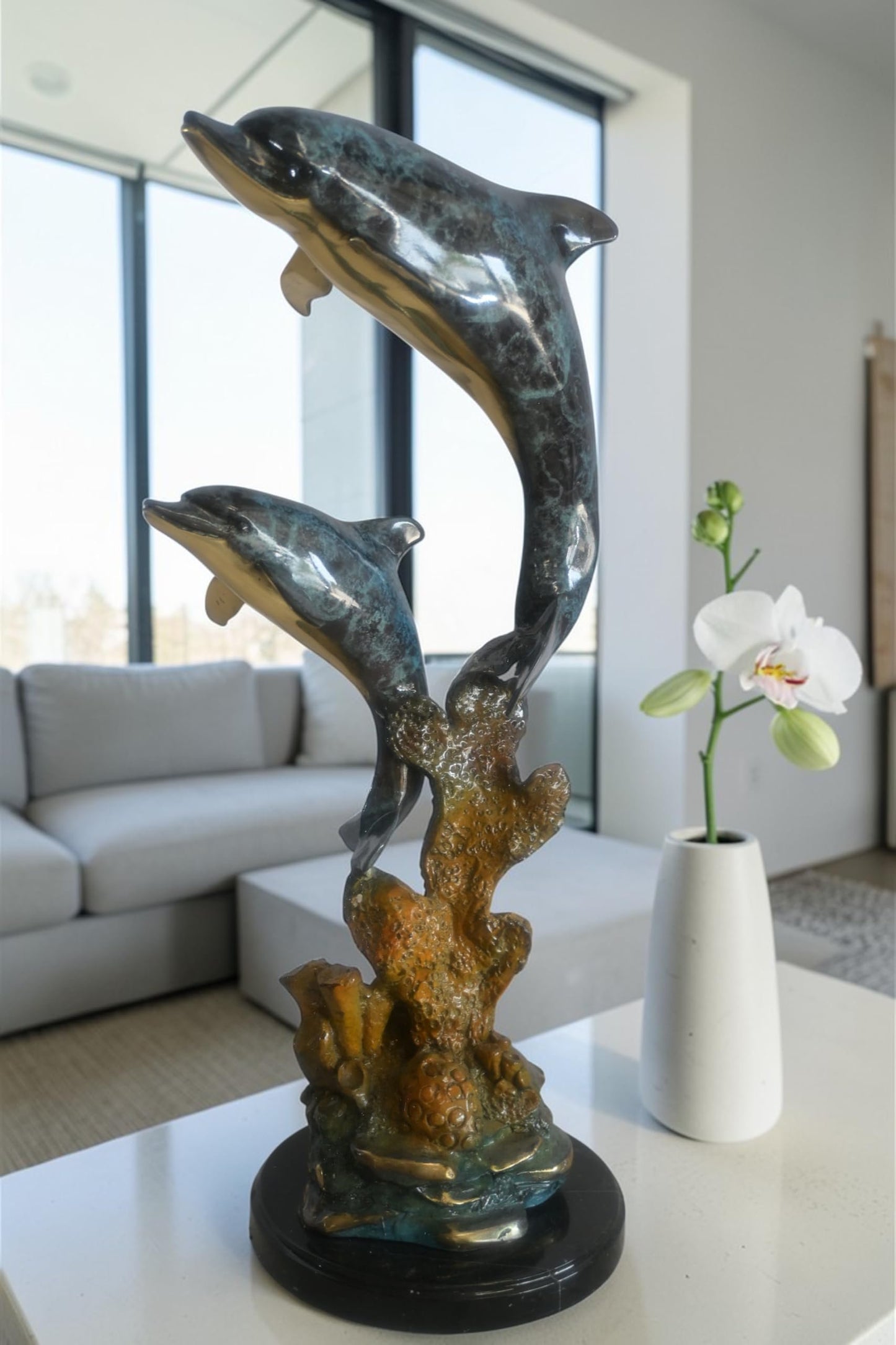 Bronze Dual Leaping Dolphin Sculpture on Marble Base 10"x6"x24"H