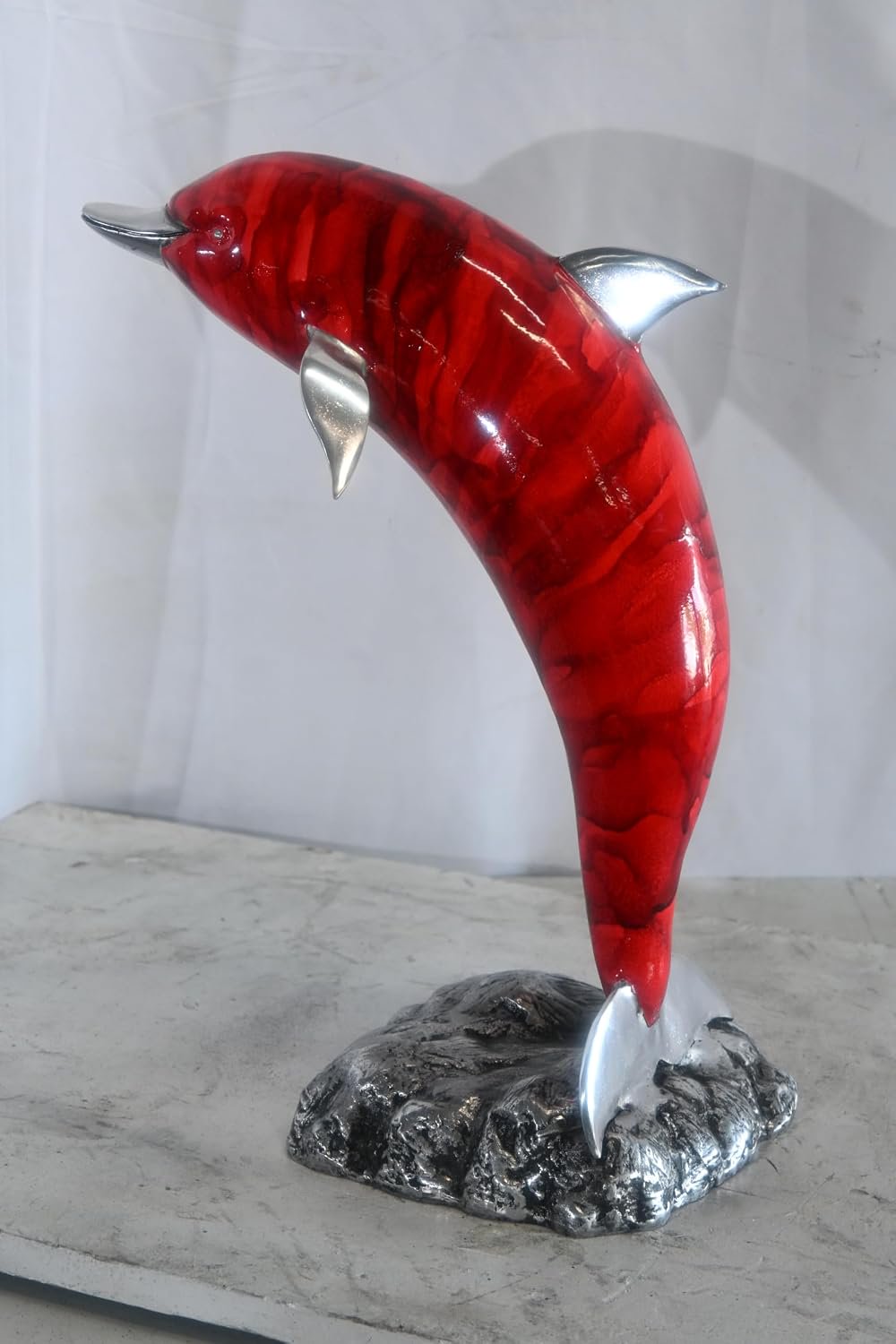 Leaping Red Dolphin Statue with Silver Fins Aluminum Art 15"x7"x18"H