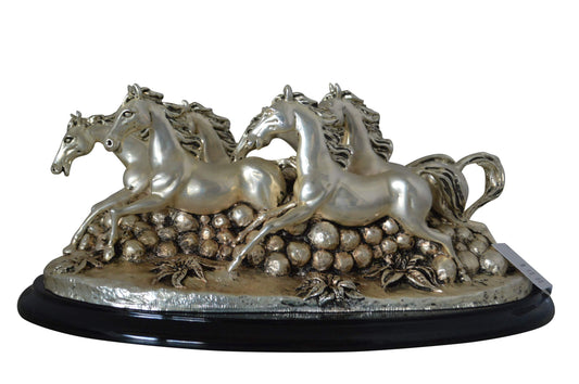 Charging horses resin statue on wood base - Size: 17"L x 10"W x 5"H.