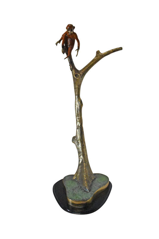 Colored Monkey Resting on a Tree Bronze Statue - Size: 12"L x 13"W x 27"H.