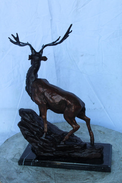 Bronze Statue of Deer Walking on Rocks, Elegant Wildlife Decor 15" x 7" x 21"H