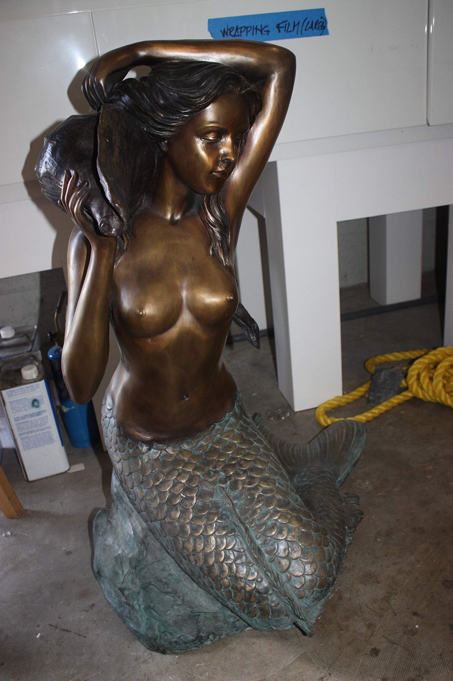 Mermaid Fountain Bronze Sculpture Nude Art Figurine Statue 26"x18"x36"H