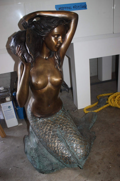 Mermaid Fountain Bronze Sculpture Nude Art Figurine Statue 26"x18"x36"H