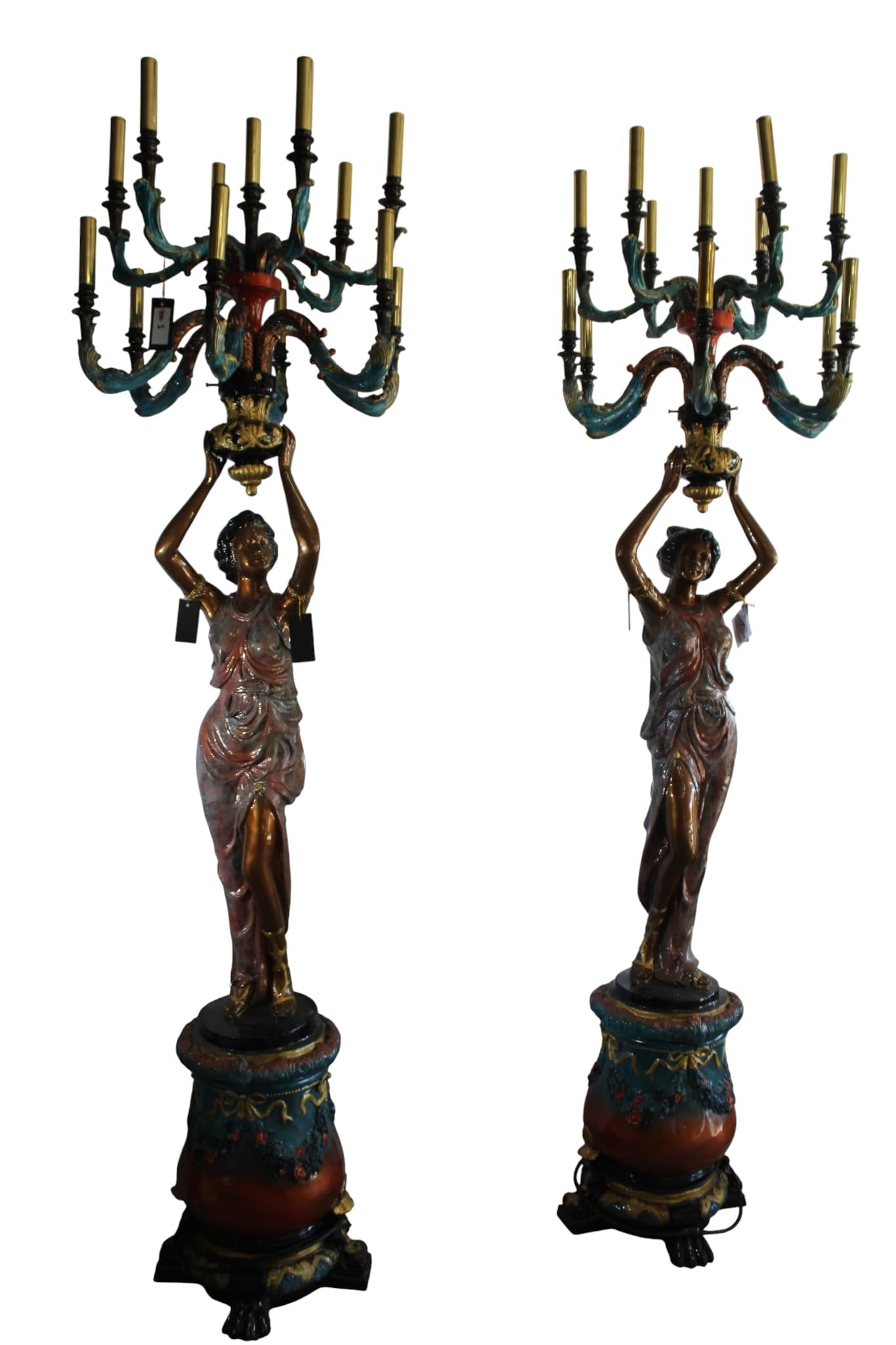 NIFAO Pair Giant Bronze Lady Candelabra Chandeliers Floor Lamps 30"x30"x100"H