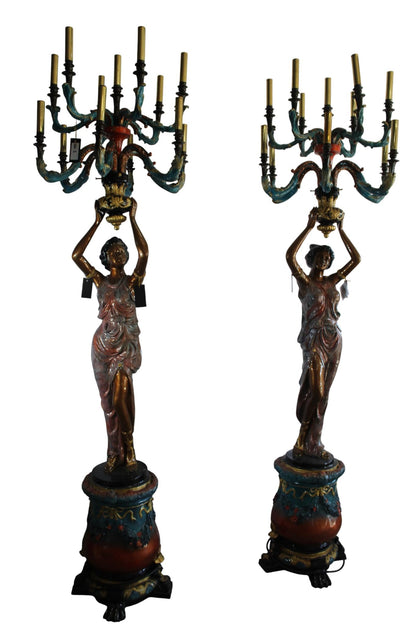 NIFAO Pair Giant Bronze Lady Candelabra Chandeliers Floor Lamps 30"x30"x100"H