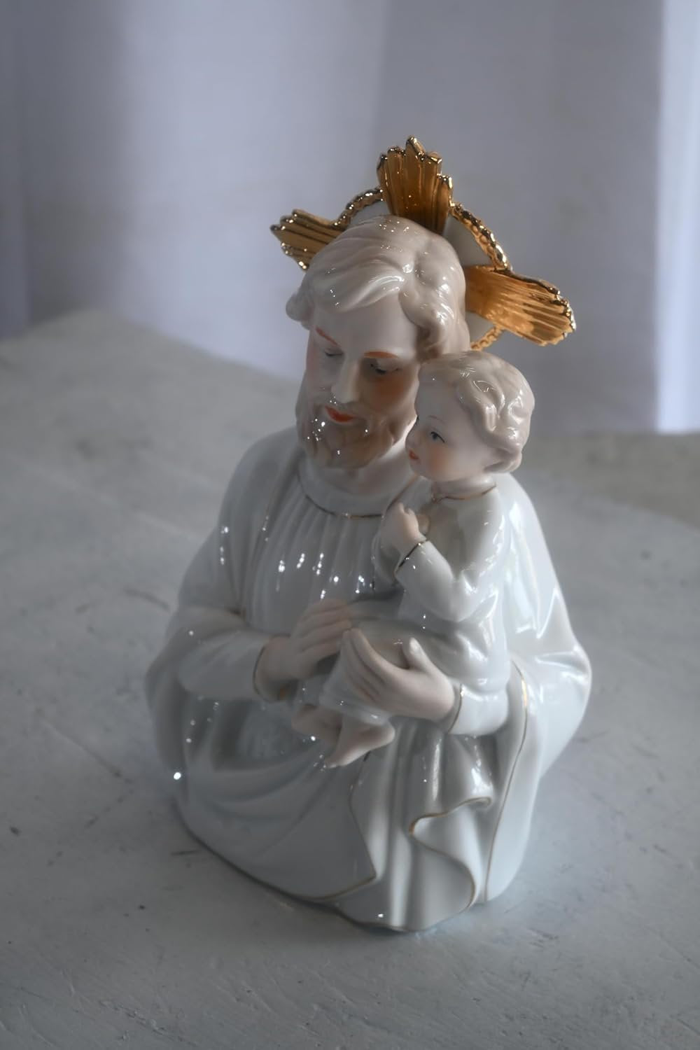 Porcelain Saint Joseph and Christ Child Gold Halo Statue 6"x4"x9"H