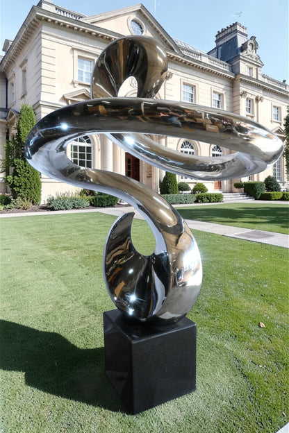 Large Abstract Spiral Flow Stainless Steel Sculpture Marble 66"x45"x98"H