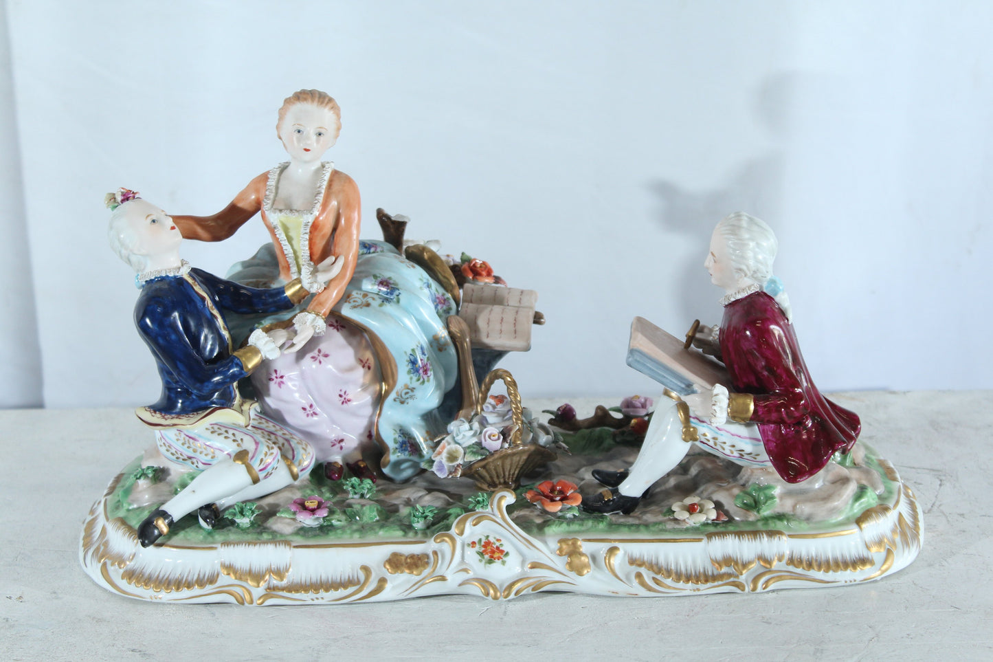 NIFAO Porcelain Rococo Courting Trio Figurine — Artist & Couple 20" x 8" x 10"H