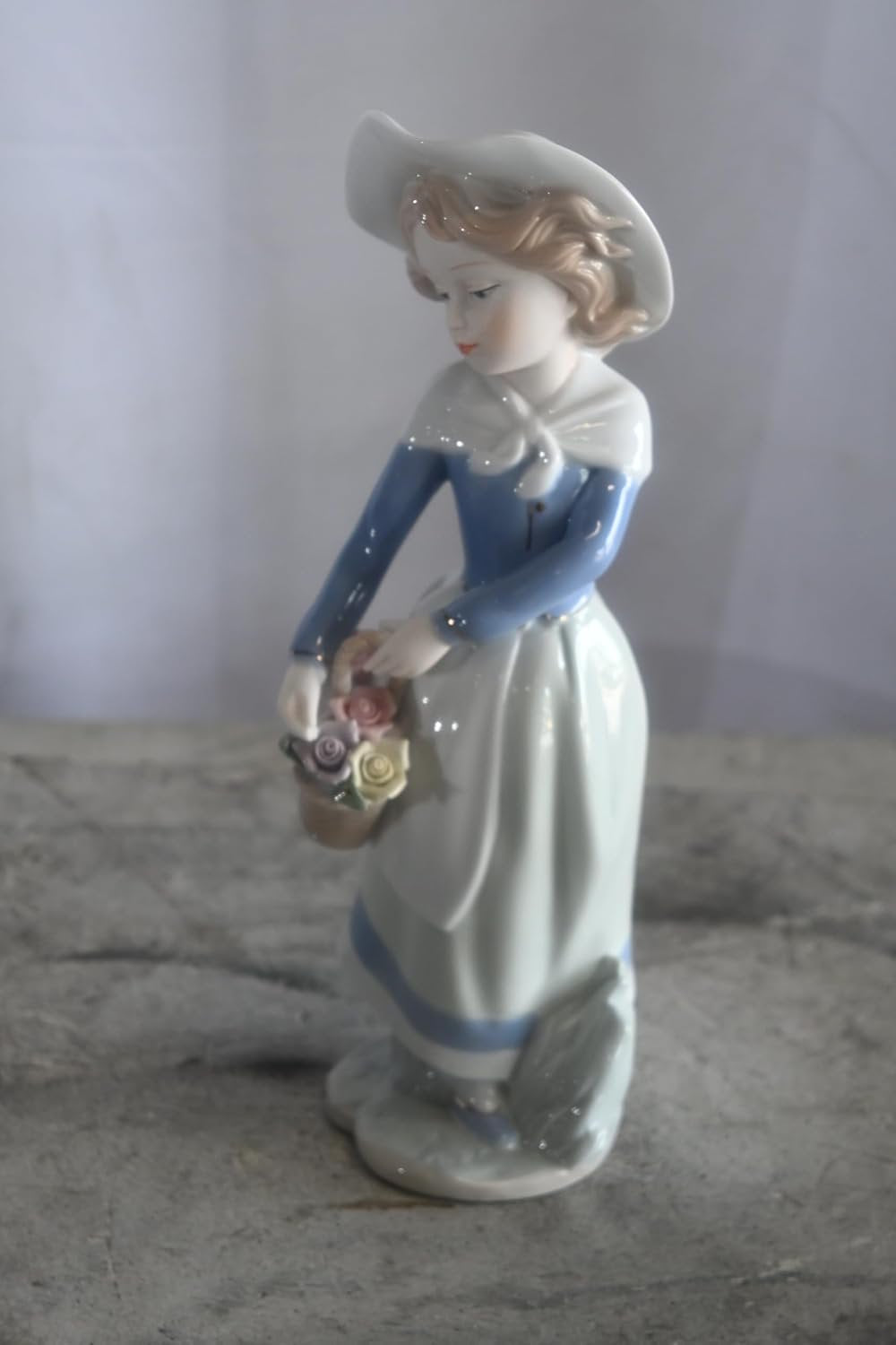 Porcelain Girl Carrying Flower Basket Blue Jacket Statue 6"x5"x12"H
