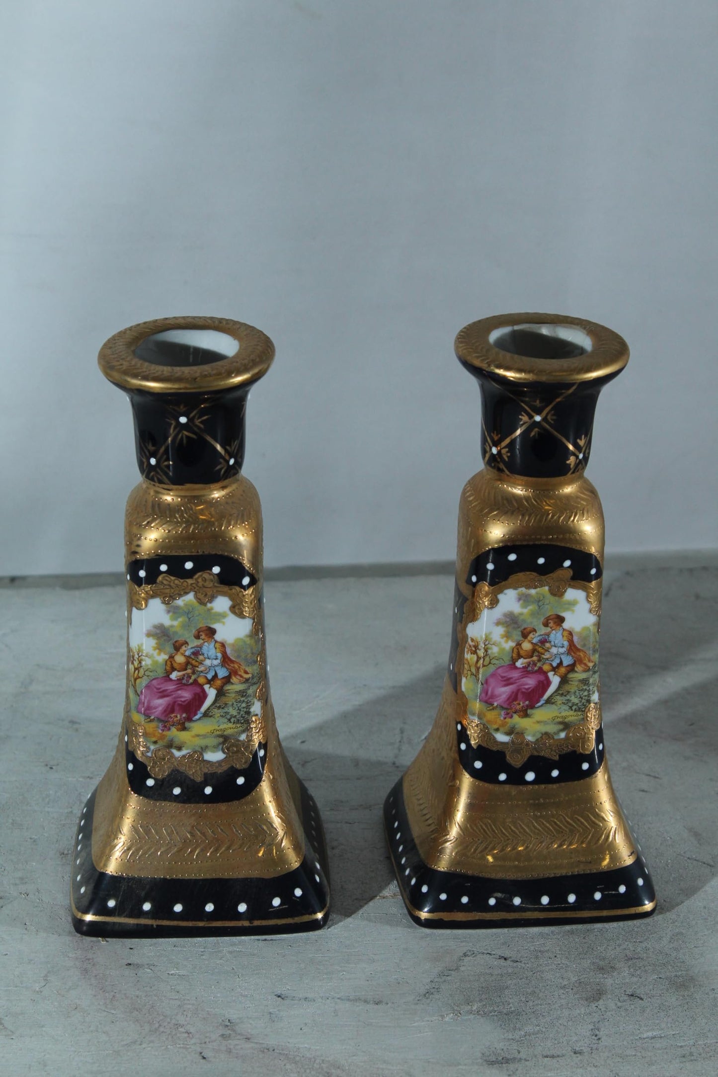 Porcelain Pair Candlestick Holders Black Gold Courting Scene 8"x4"x9"H