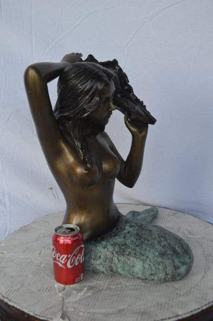 Mermaid with Conch  shell bronze statue -  Size: 16"L x 17"W x 21"H.