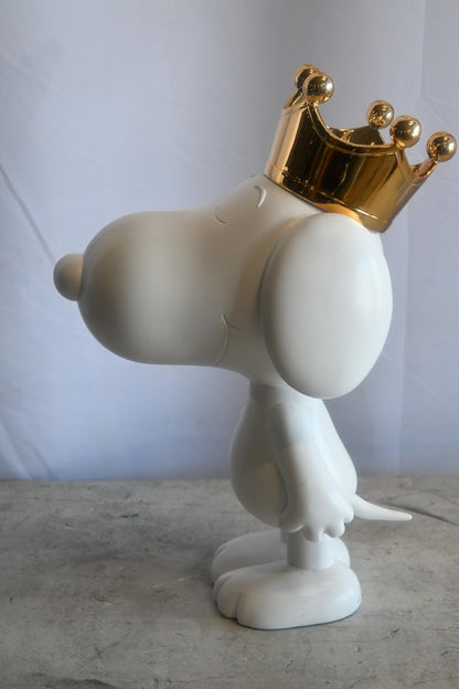 White Resin Snoopy Inspired Dog Figurine with Gold Crown 12"x8"x18"H