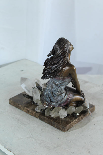 NIFAO Bronze Girl on Crystal Quartz and Marble Base by Vidal 10"x7"x11"H