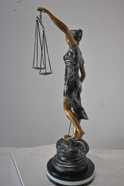 Lady Justice bronze statue mounted on a marble - Size: 14"L x 16"W x 32"H.
