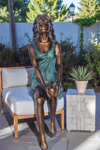 Graceful Young Woman Sitting on the Ledge Bronze Statue 13" x 7" x 23"H