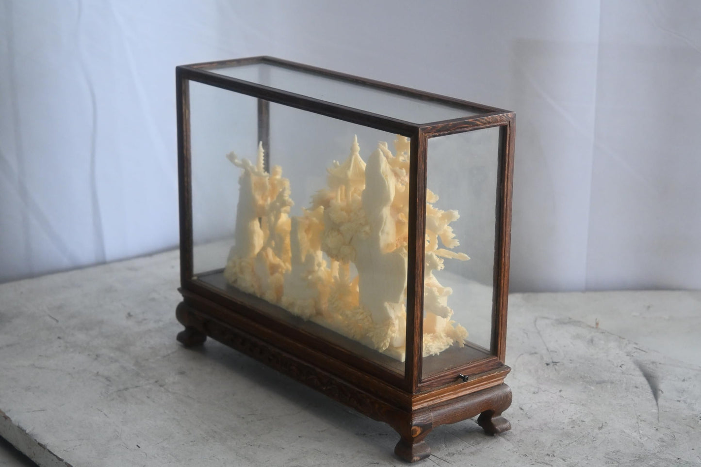 Carved Resin Chinese Bridge and Pavilion in Wood Case 12"x4"x9"H