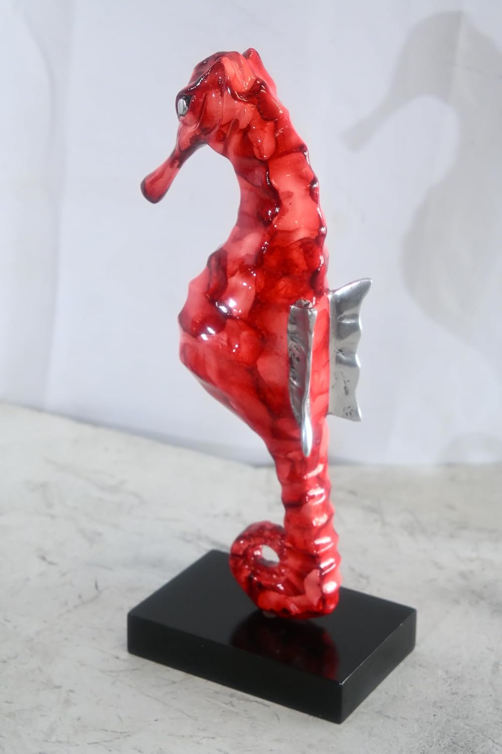 Red Seahorse Figurine on Base Painted Aluminum Sculpture 6"x4"x15"H