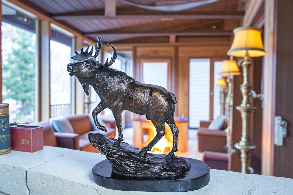 Bronze Moose Statue on Marble Base with Antlers Raised 10" x 6" x 9"H