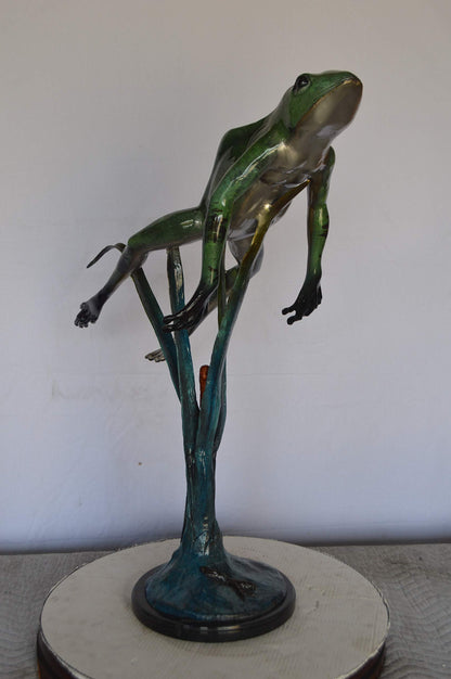 Large Frog Jumping Up Bronze Statue on a  Marble  -  Size: 30"L x 14"W x 34"H.