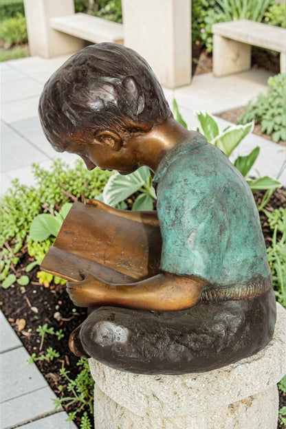 NIFAO Bronze Boy Reading Statue – Handcrafted Lost Wax Cast Sculpture with Patina Finish, Child Reading Figurine on Marble Base, Desks, Homes, Libraries, and Offices9 x 8" x 11"H
