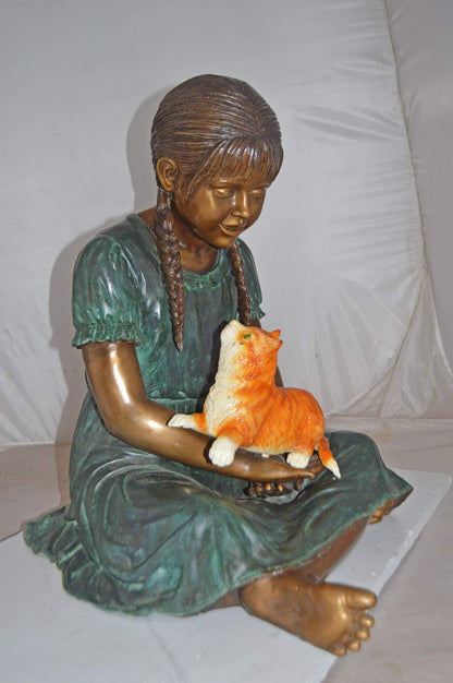Girl Holding Her Cat Bronze Statue, Green, Orange Finish - Size: 23"x20"x24"H