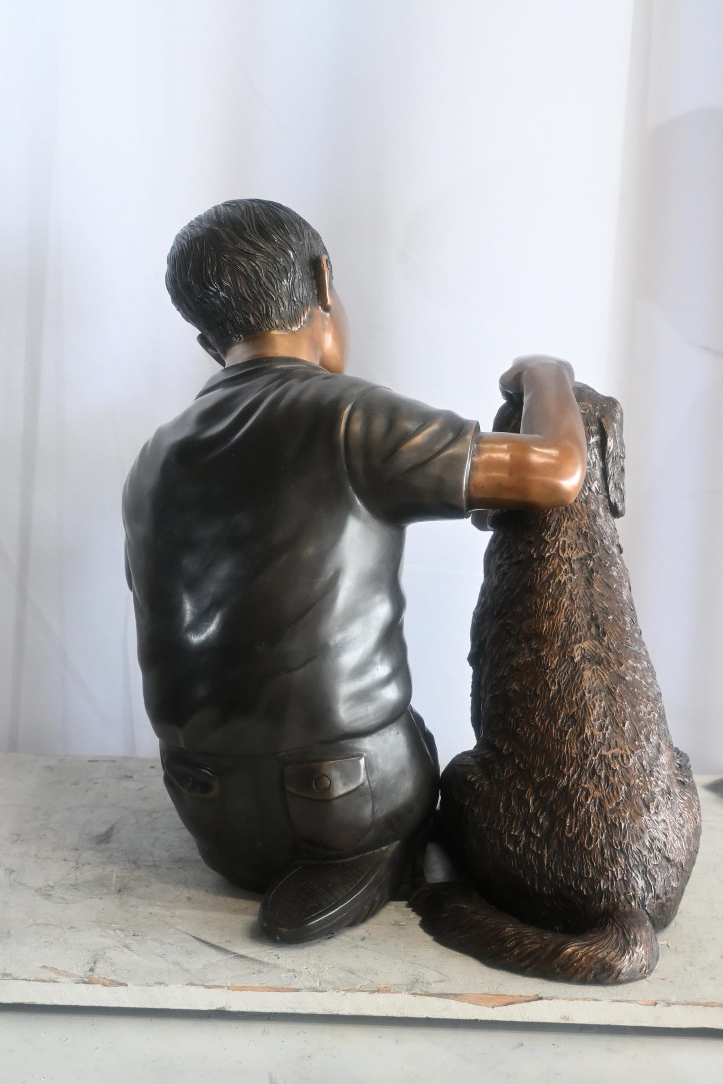 Bronze Boy with Dog Statue Child Petting Puppy Sculpture 21"x18"x23"H
