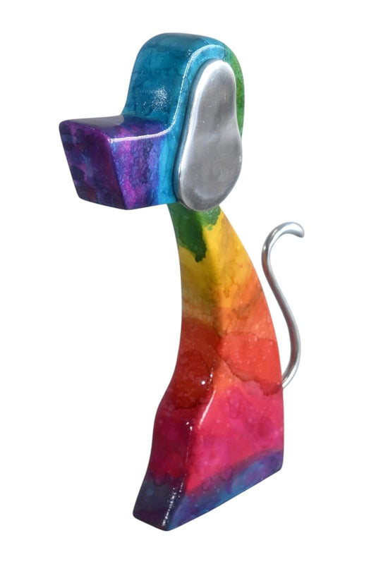 Abstract Rainbow Painted Wood Dog Figurine Aluminum Ears 8"x2"x15"H