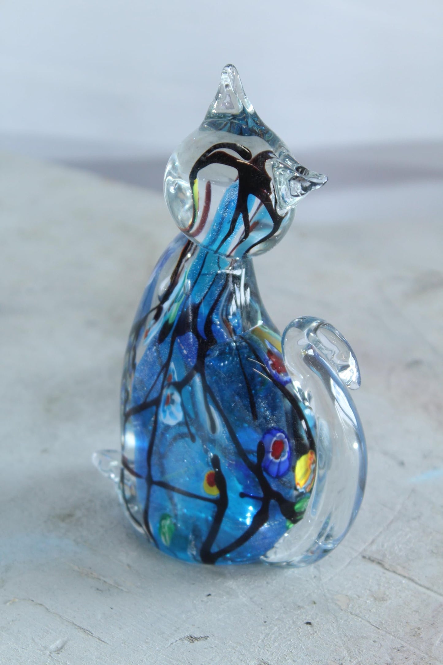 NIFAO Glass Cat Figurine Hand Blown Blue Millefiori Art Decor 5" x 3" x 7"H