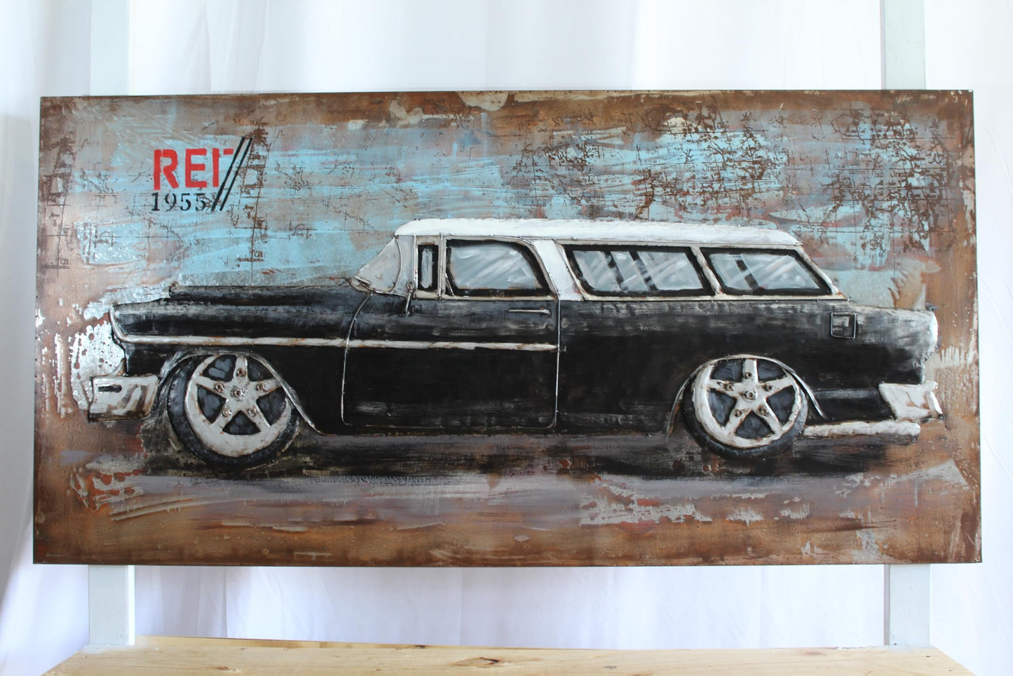 1955 Chevy Nomad Wagon 3D Metal Wall Art Handcrafted 79" x 2" x 40"H