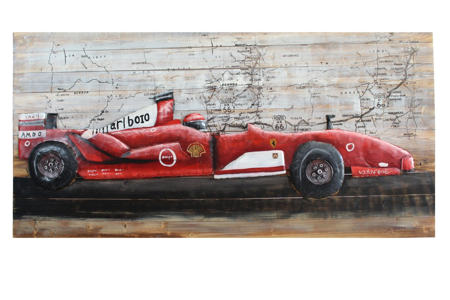 NIFAO Formula One Inspired Red Racing Car 3D Metal Art on Wood 79" x 2" x 40"H