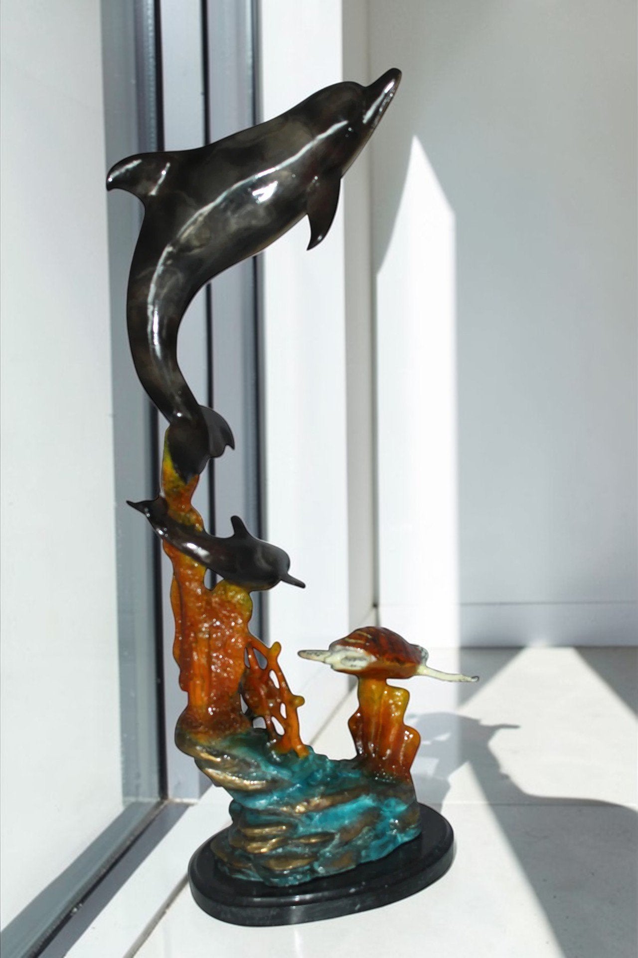Two Dolphins with Turtle bronze statue -  Size: 14"L x 8"W x 28"H.