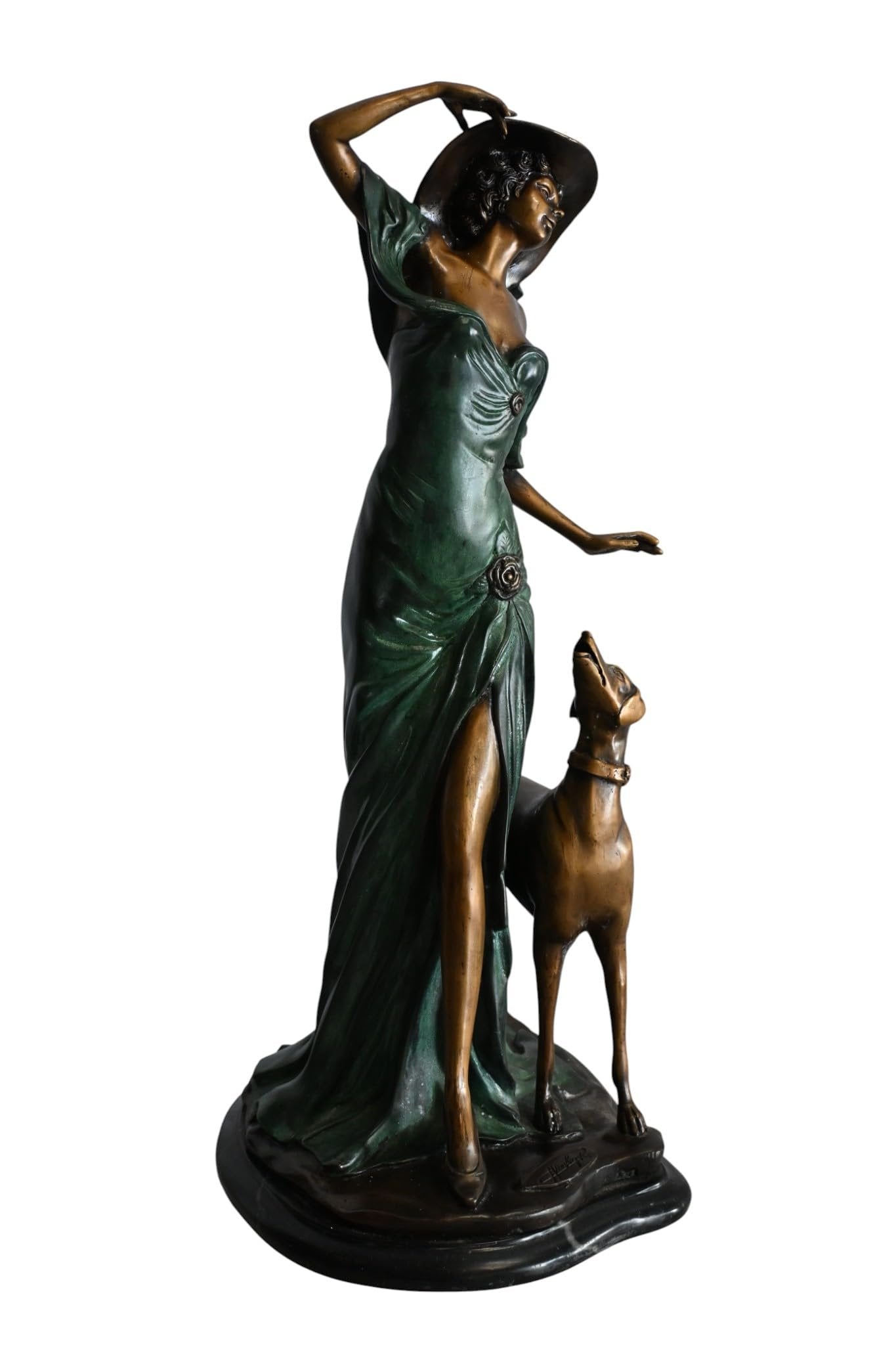 Art Deco Woman with Greyhound Bronze Statue Figurine 12"x10"x24"H