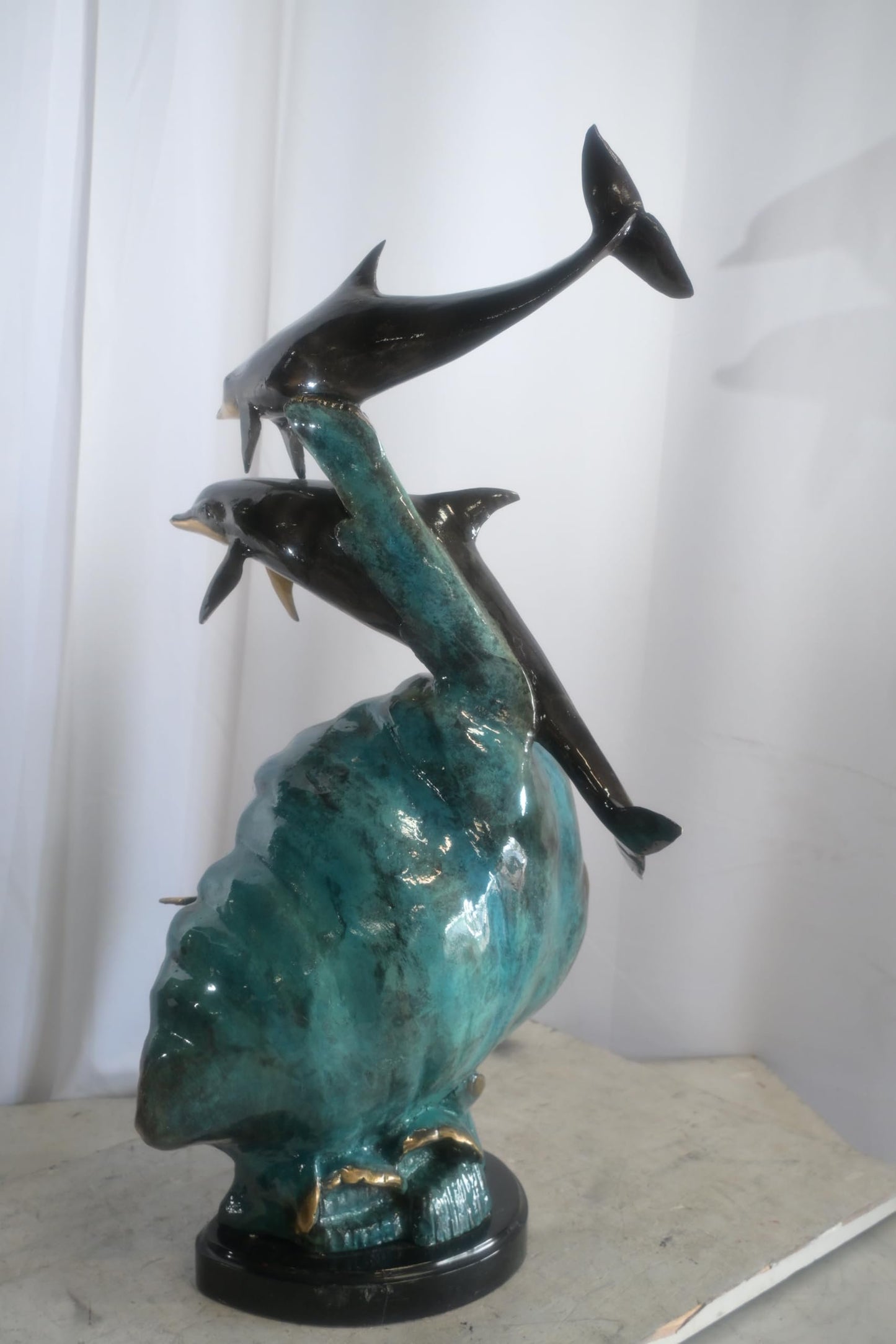 Bronze Dolphins and Surfer Sculpture on Wave Marble Base 16"x11"x33"H