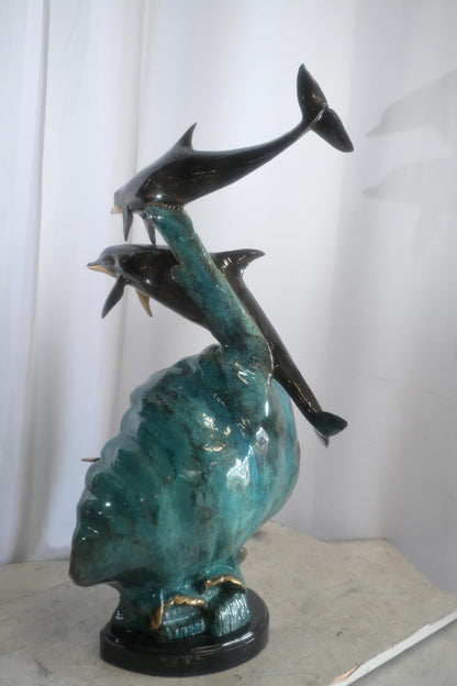 Bronze Dolphins and Surfer Sculpture on Wave Marble Base 16"x11"x33"H