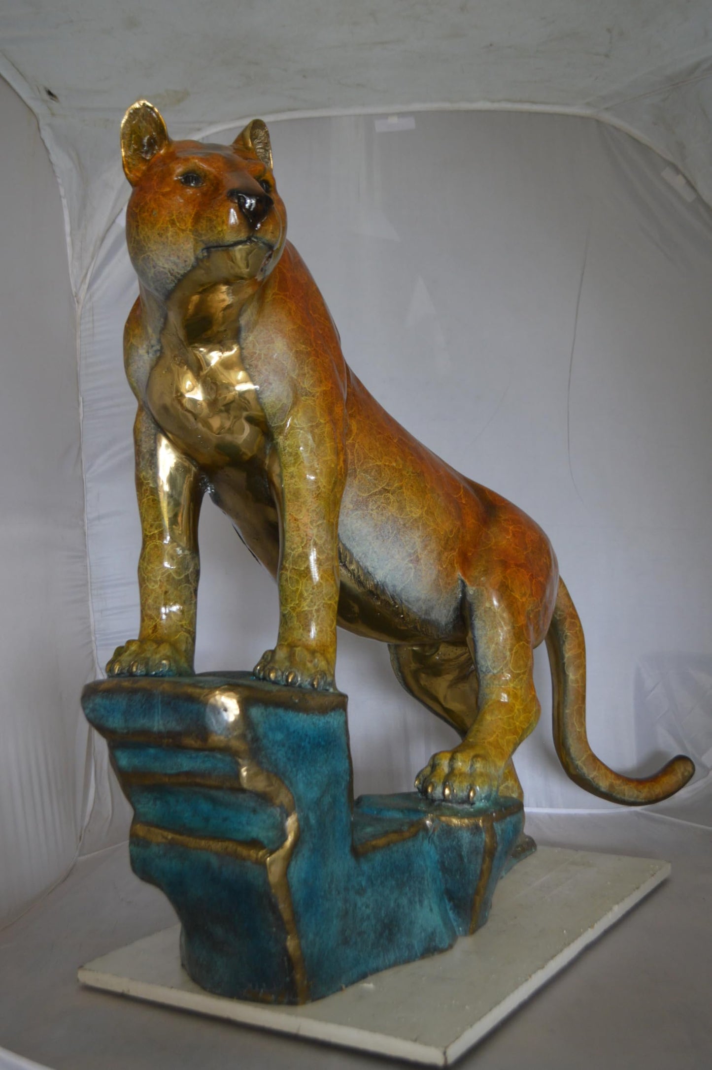 Bronze Mountain Lion Statue on Rock Ledge Large Cougar 55"x20"x40"H