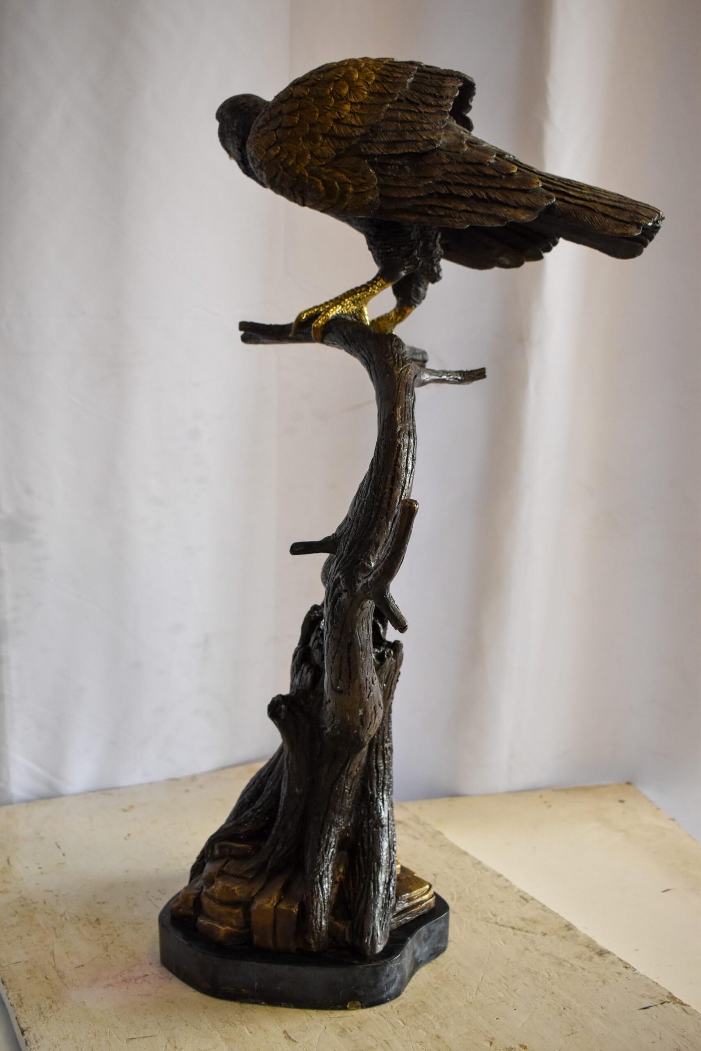 Observant Hawk on Arched Branch Bronze Statue 17" x 19" x 32"H