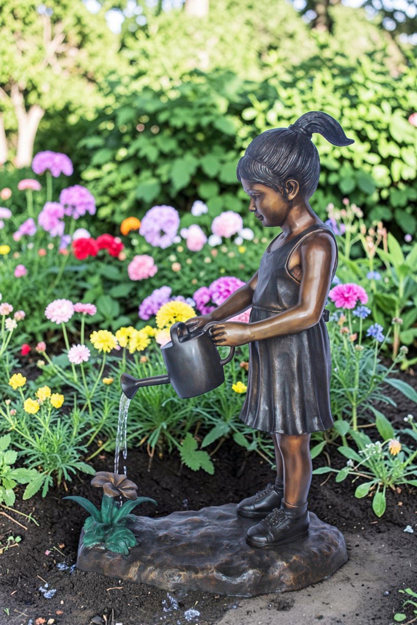Bronze Statue of a Little Girl Watering Flowers 34" x 14" x 47"H