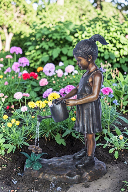 Bronze Statue of a Little Girl Watering Flowers 34" x 14" x 47"H
