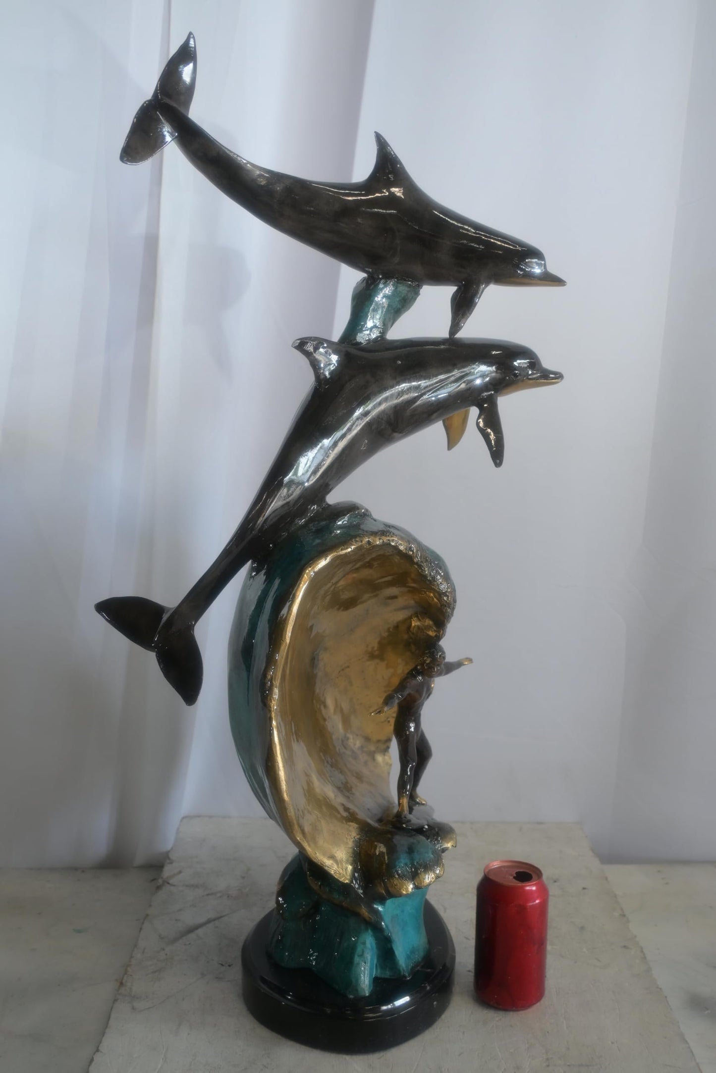 Bronze Dolphins and Surfer Sculpture on Wave Marble Base 16"x11"x33"H