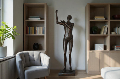 Abstract of Art nude lady lifting hand bronze statue - Size: 9"L x 6"W x 25"H.