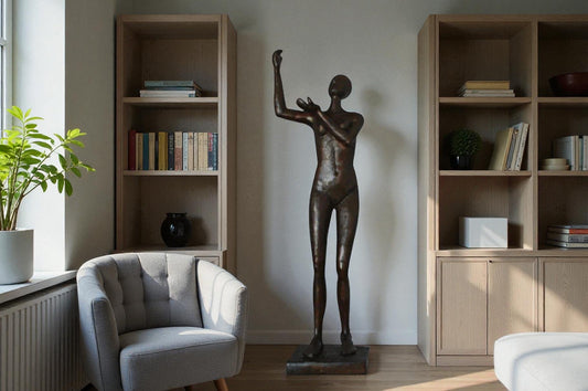 Abstract of Art nude lady lifting hand bronze statue - Size: 9"L x 6"W x 25"H.