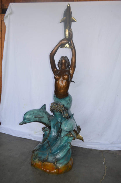 Mermaid and Three dolphins fountain bronze statue - Size: 34"L x 41"W x 83"H.