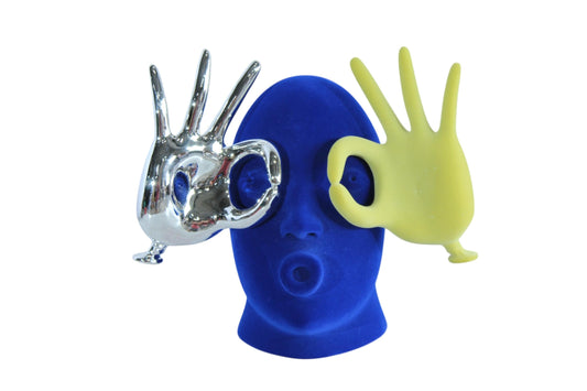 NIFAO Resin Blue Velvet Head Statue with Yellow and Silver Hand Design 12" x 8" x 12"H