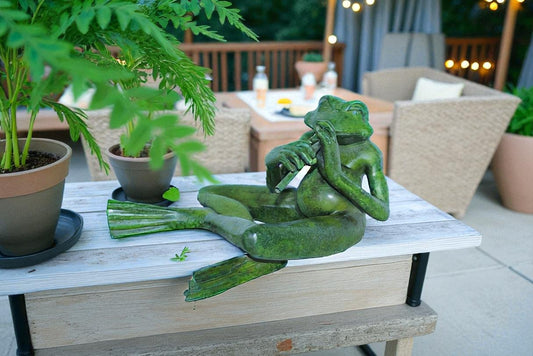 Musical Frog Playing Flute Bronze Statue with Green Patina 20" x 18" x 12"H