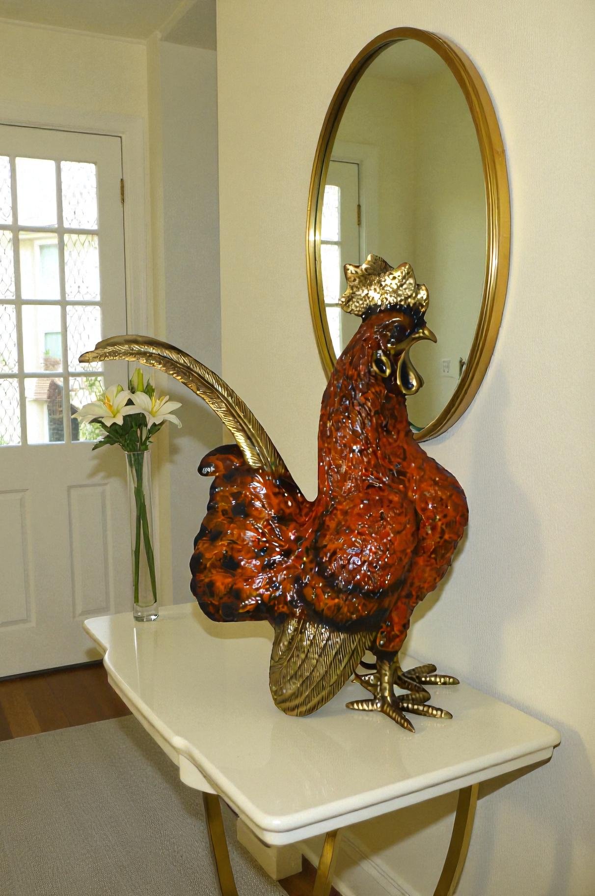 Rooster Cockerel bronze statue -  Size: 9"L x 4"W x 11"H.
