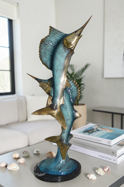 Two Sailfish jumping of water bronze statue -  Size: 13"L x 6"W x 28"H.