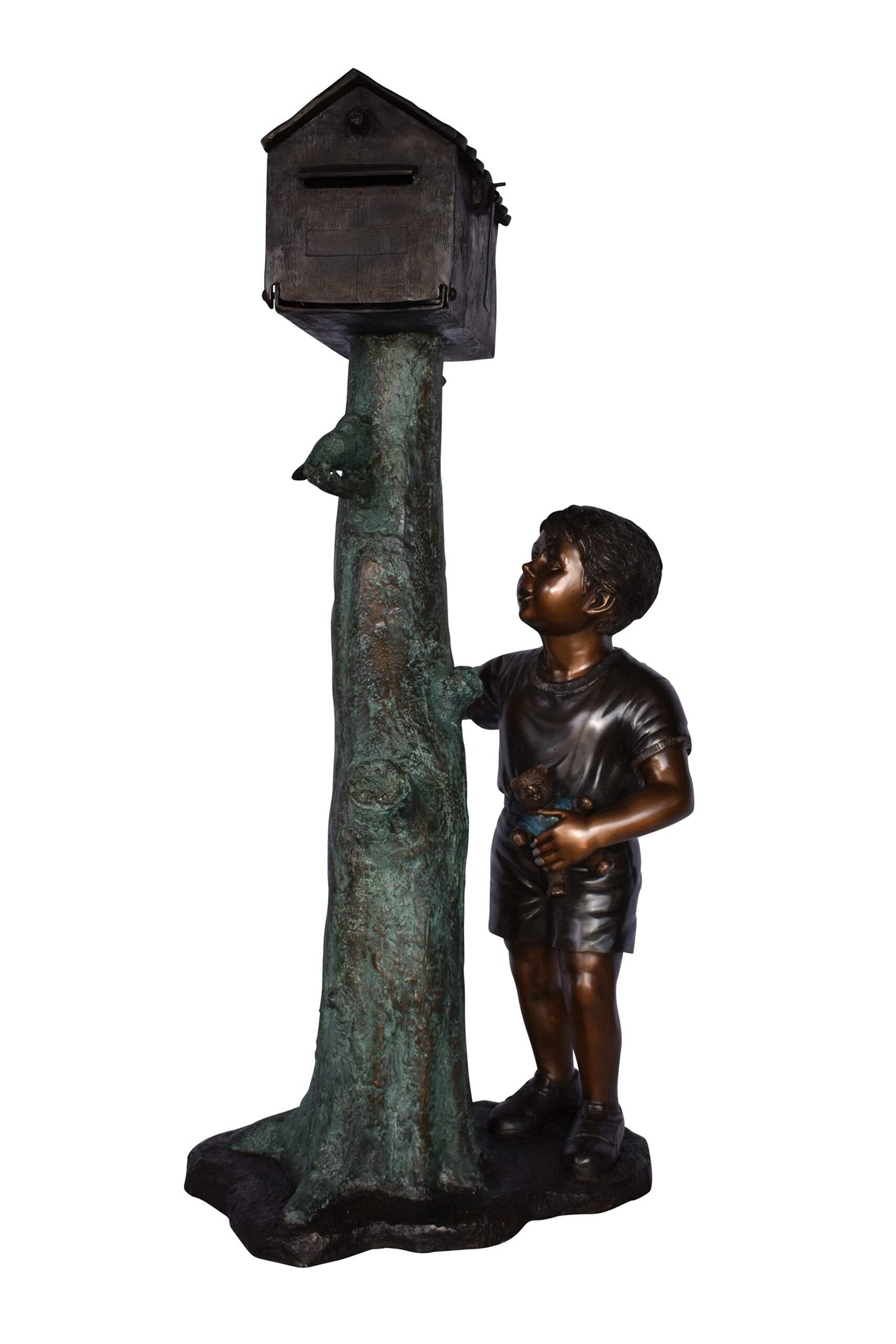 A Boy Standing by His Mailbox Looking at Birds Bronze Statue  25" x 22" x 51"H.